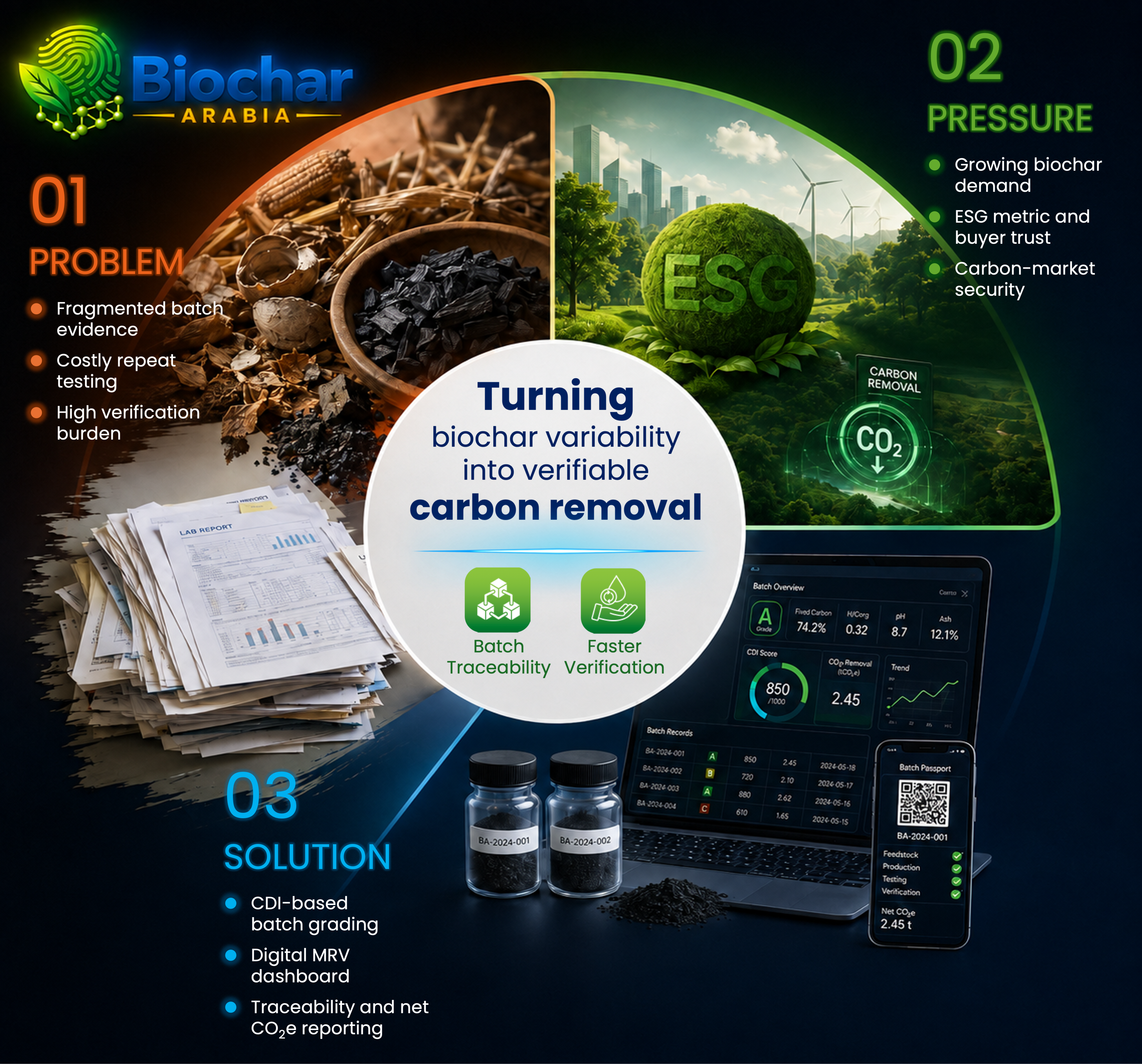 Concept illustration contrasting fragmented biochar batch records with an example of a structured digital evidence workspace. Dashboard values and status labels are illustrative only.