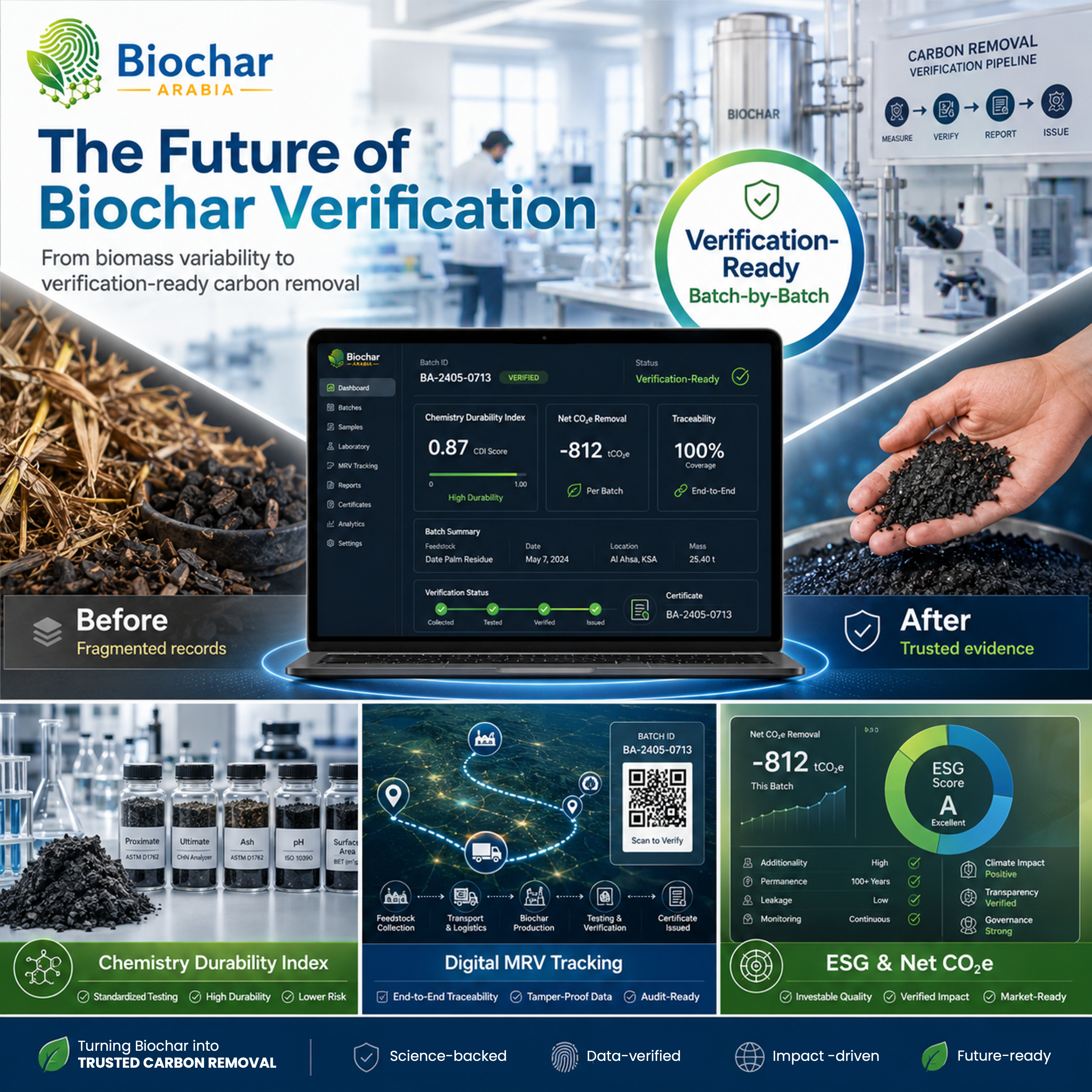 Concept illustration of a biochar evidence and verification-readiness workflow, with illustrative interface panels and placeholder status labels.